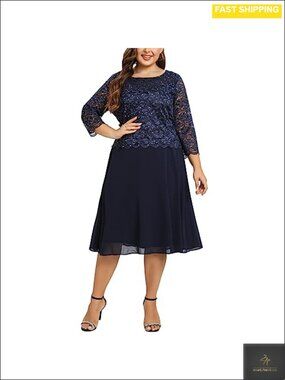 Plus Size Tea Length Sequin Lace Dress V-Neck Sleeveless Mother of the Bride